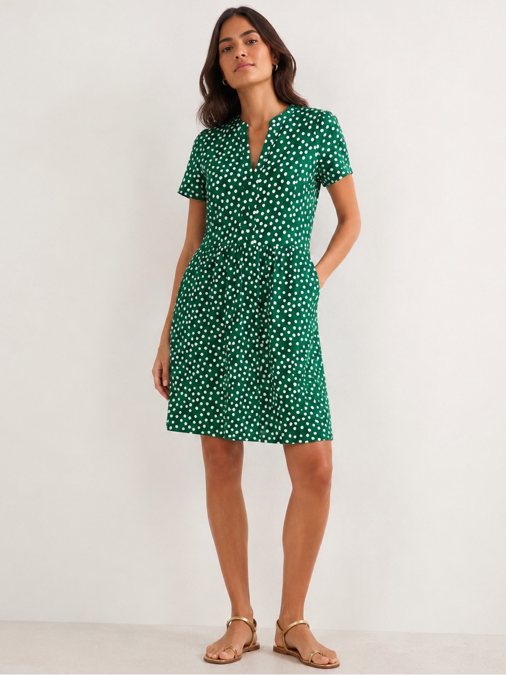 Boden Naomi Short Sleeve Dress in Green Polka Dot Size 8